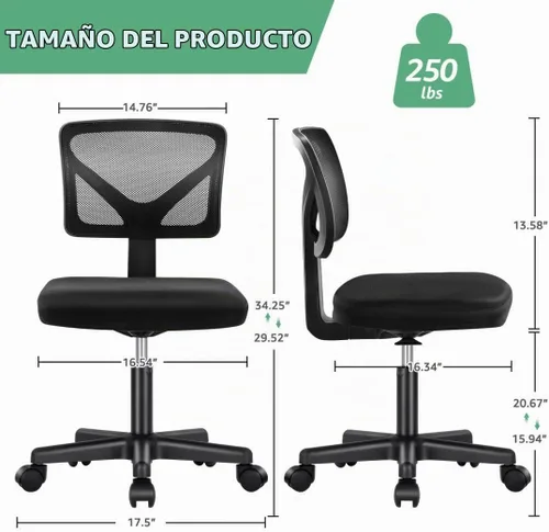 Vista 3 de Silla de oficina de malla sin brazos, silla de escritorio ergonómica con respaldo bajo, sillas giratorias ajustables para computadora para espacios