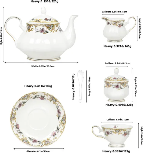 Vista 6 de ACMLIFE Juego de té de porcelana de hueso para adultos, juego de té de porcelana fina blanca y floral de 21 piezas, juego de 6 tazas de té inglés