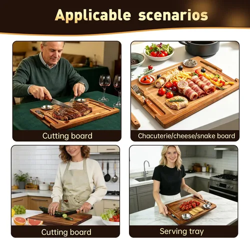 Vista 4 de MAVOTER Tabla de Bistec de Madera de Acacia - Plato de Bistec Tabla de Cortar con Tenedor, Cuchillo y Ramequines Tabla de Servir de Madera
