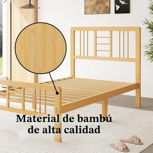 Vista 4 de Marco de cama de madera de bambú de 12 pulgadas con cabecero y estribo, marco de cama con soporte de listones de metal, resistente, no necesita