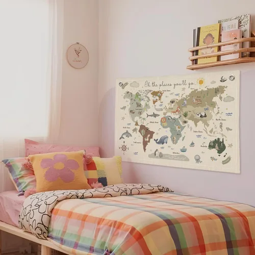 Vista 6 de Wheatwin Decoración de sala de juegos, pancarta de mapa del mundo para niños, mapas del mundo para pared, mapa del mundo, lindo tapiz de animales