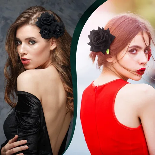 Vista 4 de BBTO 12 pinzas para el pelo de rosas, accesorios mexicanos para bailarinas de flamenco, mujeres, flores mexicanas, clips de flores para novia, Negro