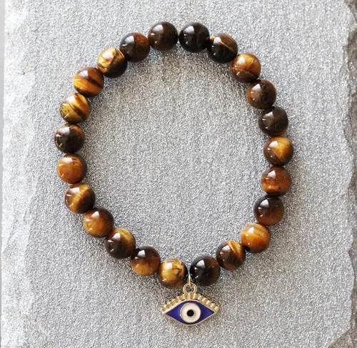 Vista 2 de T. VICTORIA - Brown Natural Tiger Eye Evil Eye Protection Prosperity Solar Plexus Chakra Healing Crystal Charm Beaded Stretch Gemstone Bracelet