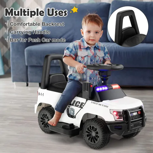 Vista 9 de GLACER Coche de policía para niños, auto de juguete eléctrico a batería de 6 V con megáfono real, música, luces intermitentes de sirena y faros
