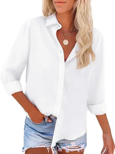 Vista 10 de Camisas de manga larga con botones para mujer, sin arrugas, para trabajo, oficina, con bolsillo