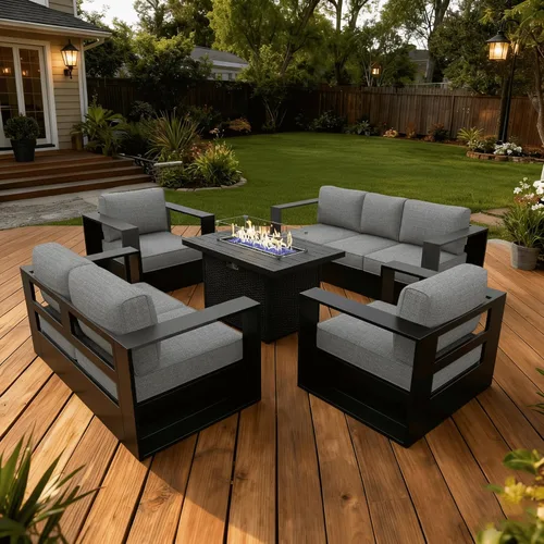 Vista 42 de LayinSun - Juego de muebles de exterior de aluminio de gran tamaño de 5 piezas con mesa auxiliar Negro/Gris oscuro