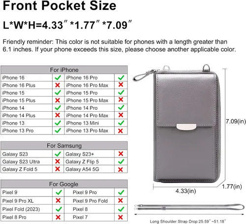 Vista 3 de KUKOO Small Crossbody Bag Cell Phone Purse Wallet with Credit Card Slots for Women A- Versión mejorada con cremallera gris