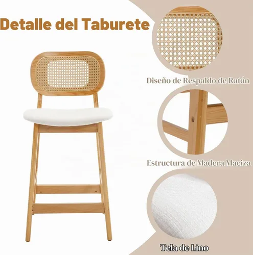 Vista 3 de ROCITY Juego de 2 taburetes de mimbre para mostrador, taburetes tapizados de madera natural, taburete de bar de granja, sillas de bar de lino beige