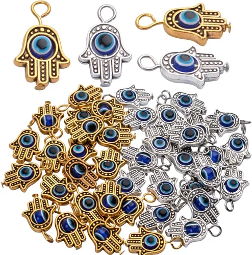 Vista 10 de 30 dijes antiguos de mano de Hamsa contra el mal de ojo de Fátima, accesorios de joyería para collares, pulseras, suministros de manualidades