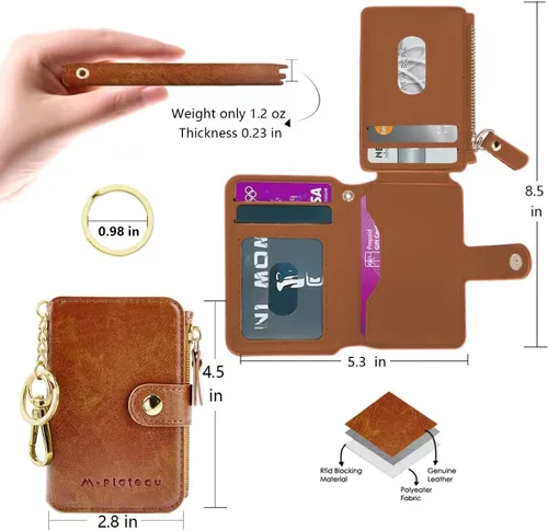 Vista 7 de Cartera con llavero, tarjetero con bloqueo RFID de piel, funda para tarjetas de crédito con cremallera para mujer, Marrón, Multifunción