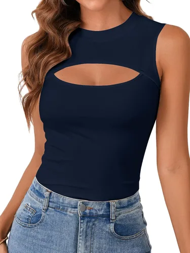 Vista 24 de Vrtige Camiseta sin mangas sexy con cuello redondo para mujer, de punto acanalado, sin mangas, ajustada