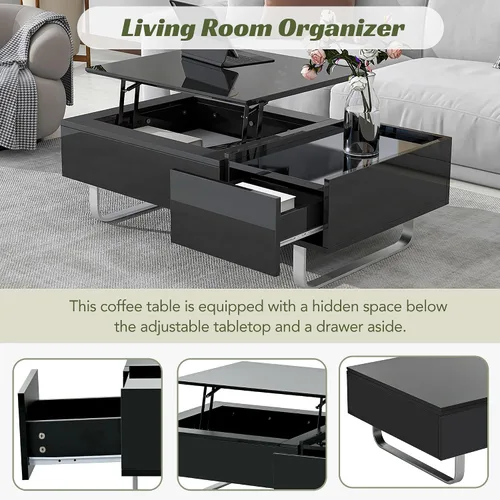 Vista 5 de LUMISOL Mesa de centro de alto brillo con mesa elevada, mesa de cóctel con patas de marco de metal para sala de estar, color negro