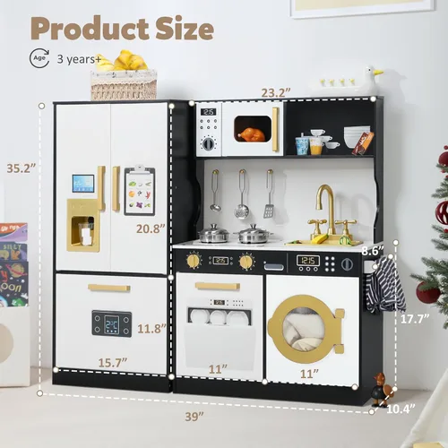 Vista 6 de TODEFULL Juegos de cocina para niños, juego de cocina de madera para niños, cocina de juguete interactiva con congelador, lavadora, máquina de hielo