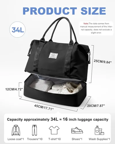 Vista 4 de Bolsa de viaje para mujer, bolsa deportiva para gimnasio, H-Negro