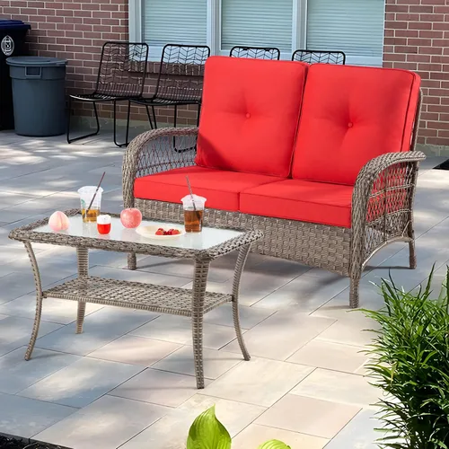 Vista 5 de Joyside Juego de muebles de mimbre para patio, juego de conversación de 2 piezas con un asiento de amor y una mesa de café, sofá y mesa de ratán