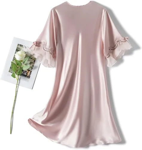 Vista 5 de Lu's Chic Camisón de satén para mujer, de lujo, de lujo, suave, de encaje, manga corta, cuello en V, camisa para dormir