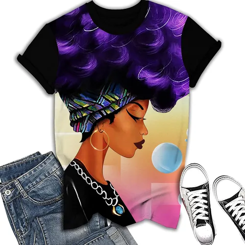 Vista 2 de AZPSRT Camisetas para mujer, diseño de palabras afrodescendientes, estilo de cabello natural, estampado 3D, estilo casual para mujer, camisetas