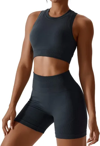Vista 40 de Conjuntos de entrenamiento para mujer, 2 piezas, sin costuras, acanalada, sin mangas, brasier deportivo, cintura alta, pantalones cortos