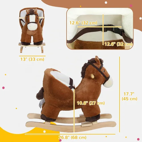 Vista 7 de Qaba Caballo mecedor para bebé con base de madera de sonido, edades de 18 a Mecedora de animales de peluche, cinturón de seguridad