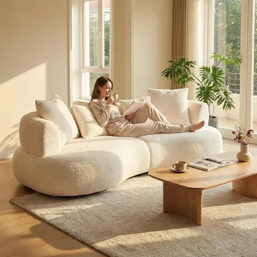 Vista 4 de SSC SATITUNCASA - Sofá modular curvo de 102.36 pulgadas, acogedor sofá Boucle para sala de estar, sofá de 4 plazas color crema con almohadas, sofá