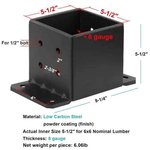 Vista 2 de 2 PCS Bases para Postes de 6x6, Soportes para Postes de 6x6 Calibre 8, Anclaje para Postes de Concreto Resistente Soporte de Pérgola para Terraza