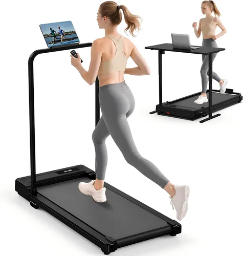 Vista 8 de Caminadora plegable para el hogar - Cintas de correr plegables con barra de mango portátil compactas plegables para interiores, almohadillas Negro
