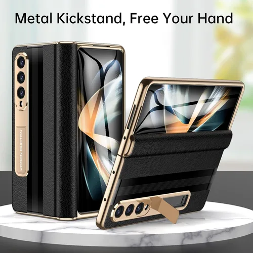 Vista 5 de Funda para teléfono Samsung Galaxy Z Fold 4 [piel auténtica de lujo Premier] [Protección de bisagra de cuerpo completo]