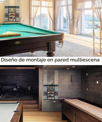 Vista 3 de Soporte para taco de piscina de montaje en pared, estante de madera maciza negro para 8 tacos