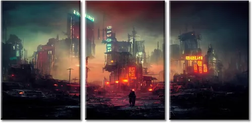 Vista 29 de Cuadros de 3 paneles de Cyberpunk City - Arte de pared de vallas publicitarias de edificios modernos en la capital con obras de arte modernas