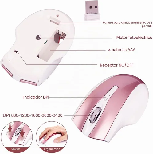 Vista 6 de Juego de teclado y mouse inalámbricos, 2.4G USB silencioso ultrafino compacto de tamaño completo, compatible con PC, Windows, Mac, MacBook (oro rosa)