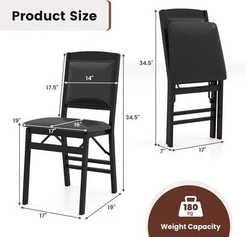 Vista 3 de Giantex Juego de 2 sillas de comedor plegables de madera negra con asiento acolchado, marco de madera maciza, carga máxima de 400 libras, sin