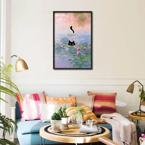Vista 7 de Arte de pared divertido enmarcado de gato Monet Waterlily Cat Poster para habitación decoración estética, lindas imágenes de gato negro, impresiones