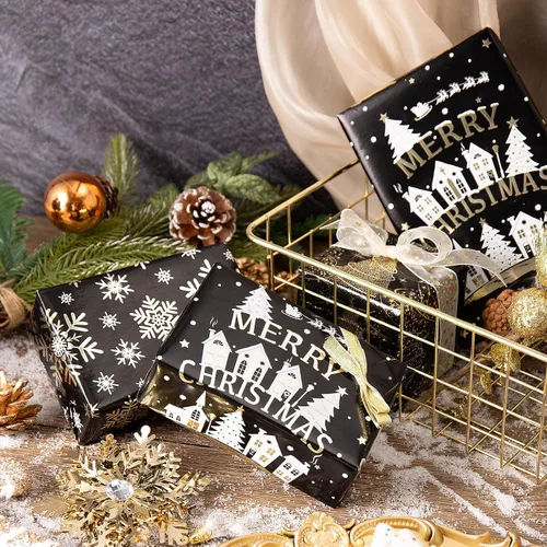 Vista 3 de RUSPEPA Juego de papel de regalo de Navidad negro y dorado, mini rollo, papel de regalo navideño con lámina dorada con árbol, copo de nieve y diseño