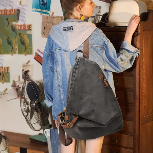 Vista 6 de KL928 Mochila vintage de lona Mochila grande informal para viajes al aire libre, mochila de senderismo para hombres y mujeres, negro (6882-PU-Black)