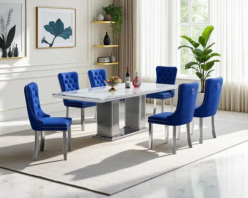 Vista 25 de Juego de mesa de comedor de mármol para 4, mesa de cocina rectangular de mármol negro de 68 pulgadas con base en H de acero inoxidable dorado, juego