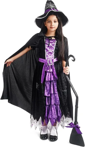 Vista 4 de Disfraz de bruja para niñas disfraz de bruja de Halloween con sombrero y capa