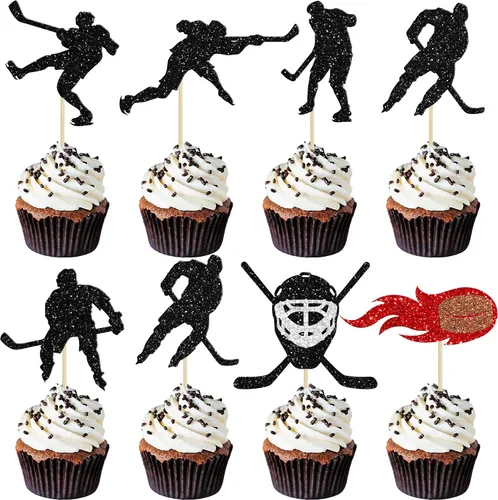 Vista 13 de Gyufise 24 adornos de hockey para cupcakes con purpurina negra, jugadores de hockey con purpurina, selecciones de cupcakes, hockey sobre hielo