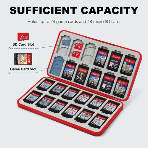 Vista 2 de FYY Nintendo Switch Game Case Holder for Switch 2 Cartridge Case with 24 Game Card Slots & 48 Micro SD Card Slots, Hard Shell, Silicone Lining Red