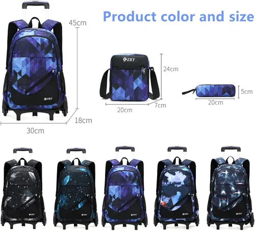 Vista 2 de Juego de mochila escolar con ruedas para niños de 3 piezas, NegroAzul Cielo Estrellado