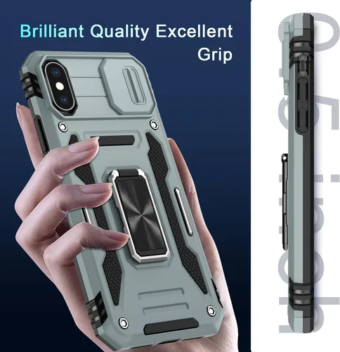 Vista 326 de DEERLAMN Funda para iPhone Xs Max con funda deslizante para cámara + protector de pantalla, soporte giratorio de anillo de grado militar a prueba