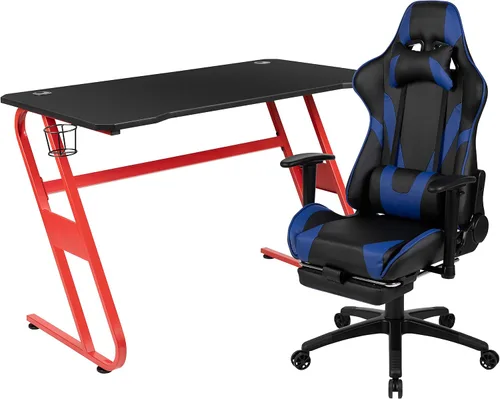 Vista 35 de Flash Furniture Juego de escritorio para juegos negro y silla de carreras blanco/negro con soporte para tazas, gancho para auriculares y soporte