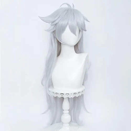 Vista 4 de Peluca blanca plateada para maquinilla de afeitar Cosplay Anime larga en capas con flequillo para fiesta de Halloween + gorra..