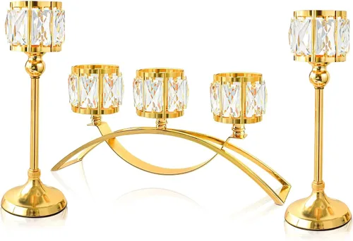 Vista 12 de Candelabro votivo de 3 brazos, candelabros de cristal, centros de mesa de boda para mesas, candelabros de cristal, decoración de mesa (negro)