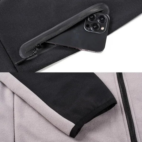 Vista 4 de Conjunto deportivo para hombre, sudadera con capucha y manga larga, con cremallera completa, 2 piezas Negro+gris ceniza