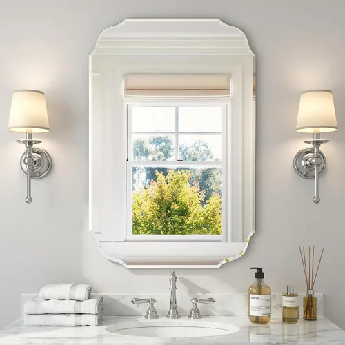 Vista 9 de Espejo de pared plateado de 18 x 24 pulgadas, con borde biselado, sin marco, para baño, tocador, dormitorio, espejos rectangulares