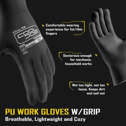 Vista 2 de COOLJOB Paquete de 12/60 pares de guantes de trabajo de seguridad a granel con revestimiento de poliuretano de agarre, guantes de punto sin costuras