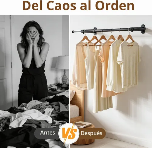 Vista 4 de Luxspire Perchero de ropa para montar en la pared, perchero de tubería industrial, barra de ropa de hierro extensible resistente de 28 pulgadas