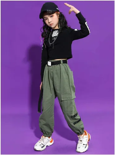 Vista 3 de LOLANTA Conjuntos de ropa para niñas, trajes de baile de jazz de manga larga, tops cortos de estilo cargo hip hop
