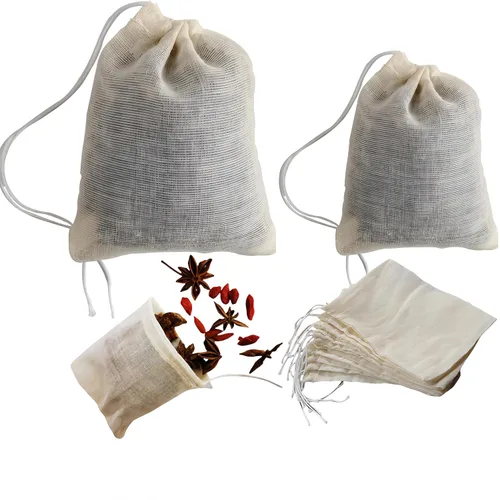 Vista 6 de Paquete de 50 bolsas de muselina de algodón natural reutilizables con cordón, bolsas de té reutilizables sin blanquear, bolsas de especias