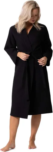 Vista 3 de Turkish Linen Bata tipo kimono ligera de punto gofre, para spa y baño, para mujer, de secado rápido, suaves Negro